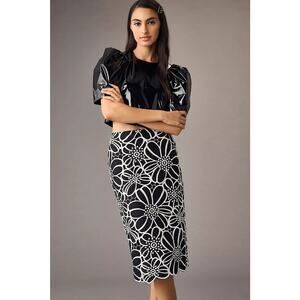New Anthropologie Maeve Floral Cutwork Midi Skirt $158 SIZE 2 Black and White